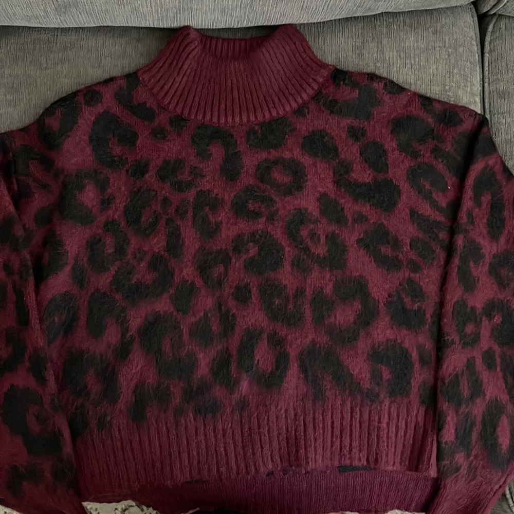 Sweaty Betty Burgundy and Black Leopard Turtleneck Sweater